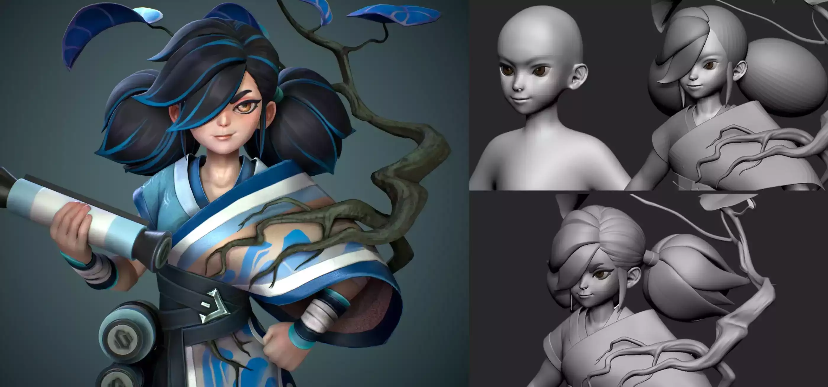 Various renders of a 3D female character.