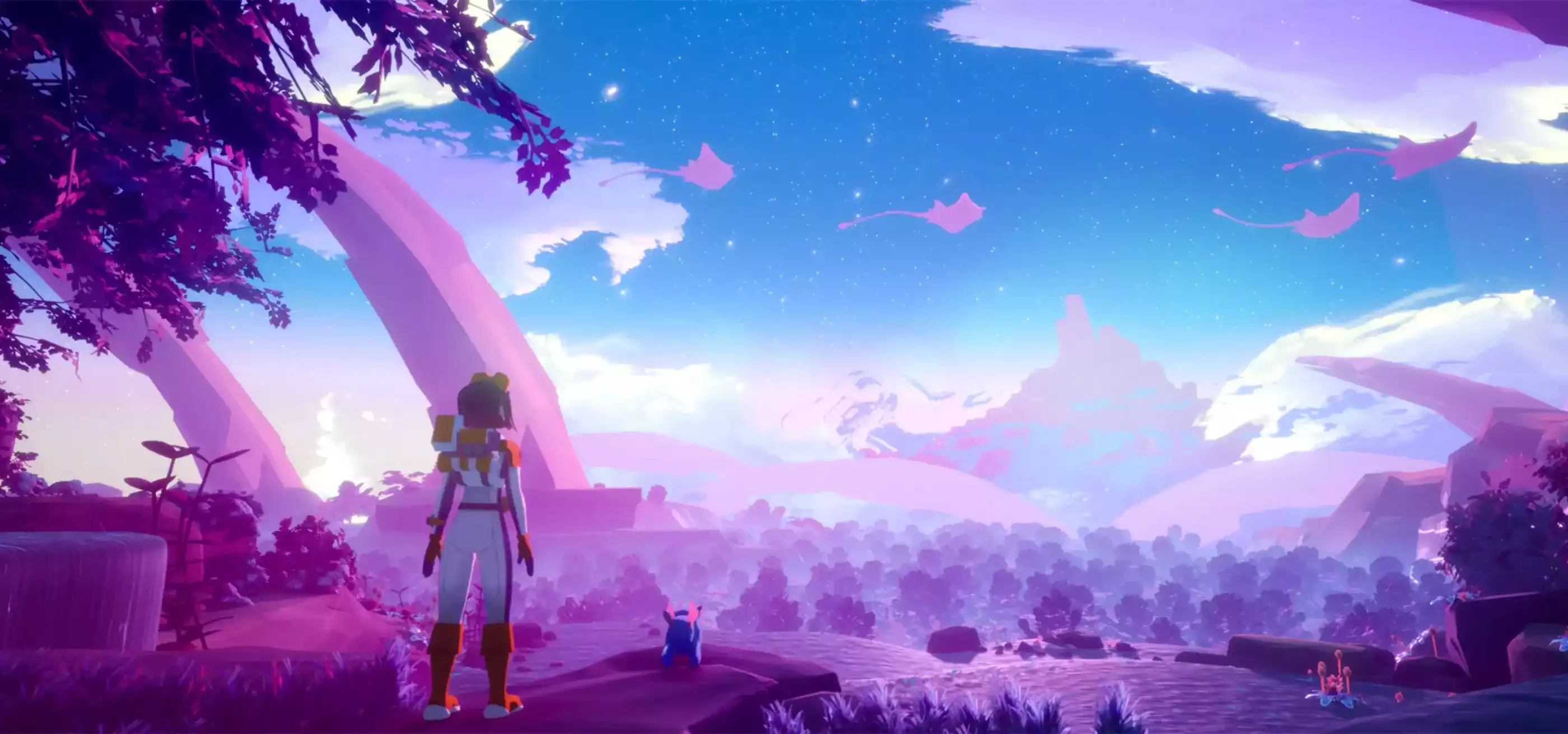 A character looks out onto a surreal landscape.